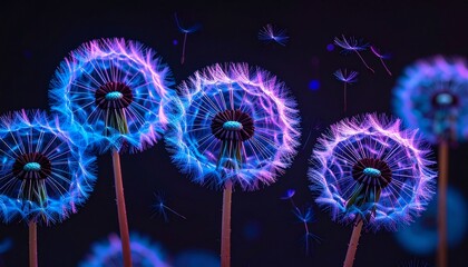 Neon-colored dandelions with seeds sparkling in vibrant blue and pink hues