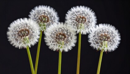 Several dandelion stems standing together, each flower head fully intact with delicate white seeds
