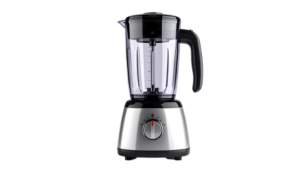 Sleek silver and black blender with clear plastic pitcher, featuring a simple dial control and ergonomic handle