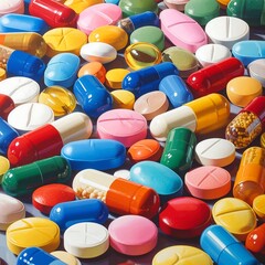 Colorful pills scattered on a surface