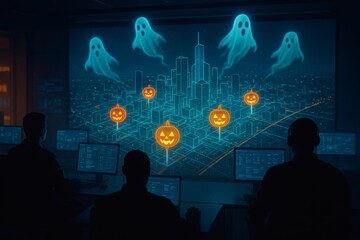 Smart city control room at night with holographic AR map, pumpkin icons marking power hubs, ghost overlays as system alerts, operators in silhouette, blue orange lighting