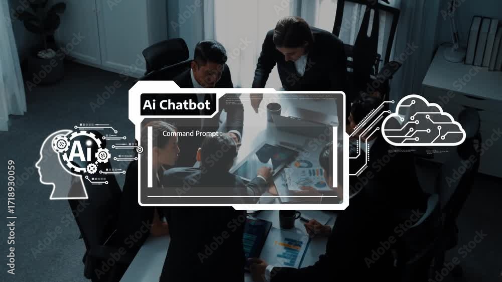 Poster a focused business meeting centered on developing an ai chatbot, showcasing teamwork and innovative 