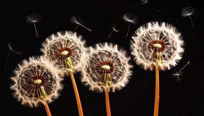 A group of dandelions moving gently, seeds floating freely in the wind