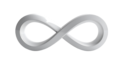 A 3D-rendered, off-white, glossy lemniscate symbol, suggesting infinity or eternity, set against a black background