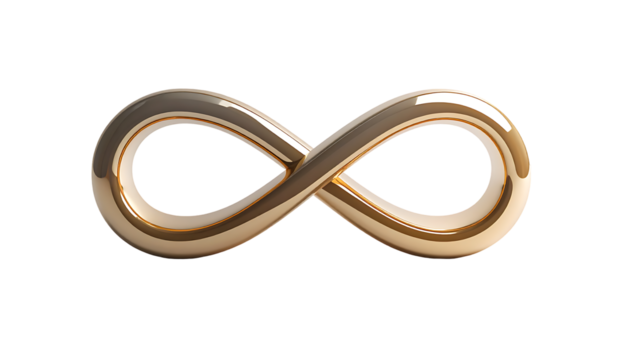 A metallic, gold-toned infinity symbol rendered in 3D, with subtle highlights and shadows suggesting a polished, reflective surface