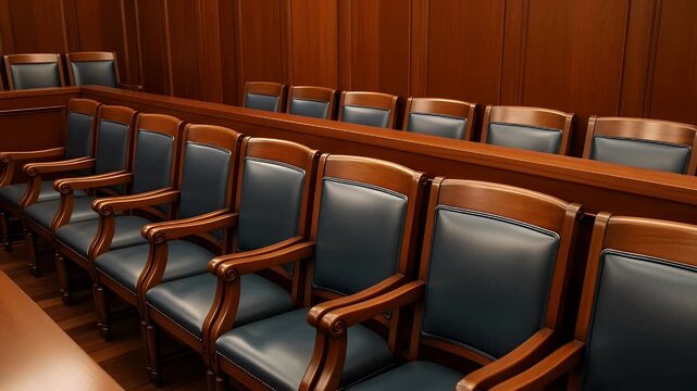 Empty courtroom with wooden paneling and leather chairs ready for legal proceedings during trial