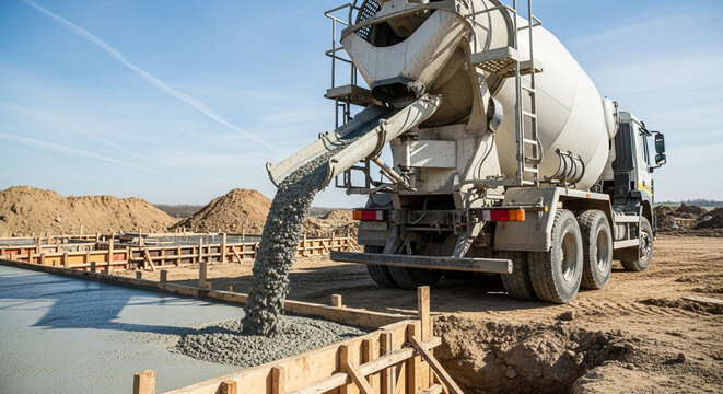 A concrete mixer truck pours wet cement into wooden forms on a construction site under a clear blue sky.