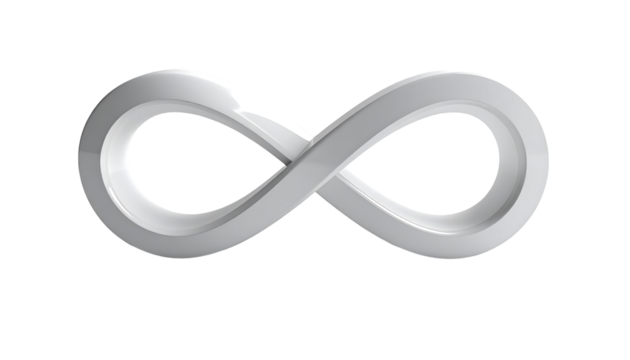 A 3D-rendered, off-white, glossy lemniscate symbol, suggesting infinity or eternity, set against a black background