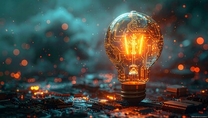 Futuristic glowing bulb on circuit board