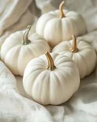 Soft focus arrangement of five white pumpkins with natural stems on a textured fabric background