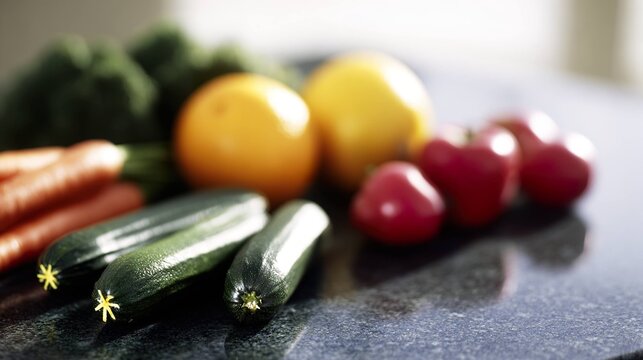 Assorted fresh fruits and vegetables on dark surface