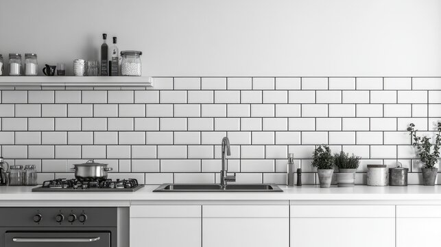 A minimalist kitchen design featuring a clean, white subway tile backsplash and modern, gray appliances.