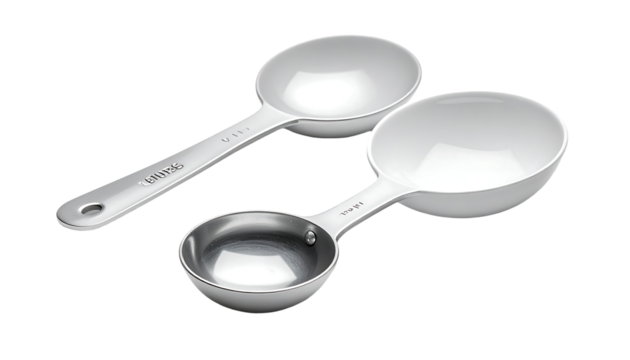Two measuring spoons, one metal, one plastic, angled, showcasing varying sizes and materials