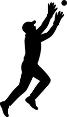 Black and white vector silhouette of a cricket wicketkeeper jumping, minimal monochrome sports illustration for cricket design, posters, and athletic concepts.