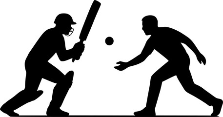 Black and white vector silhouette of a cricket batsman and bowler facing each other, minimal monochrome sports illustration for cricket design, posters, and athletic concepts.