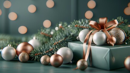 Elegant Holiday Still Life Green Box with Copper Ribbon Ornament Decoration Festive Scene Christmas Spirit Warm Tones