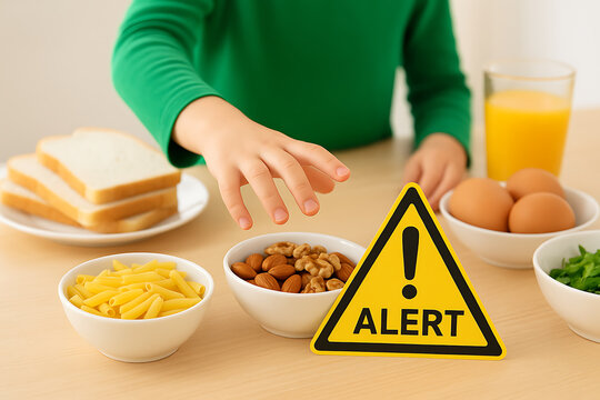An allergy alert warning sign sits next to various common allergens like nuts, bread, eggs, and pasta, with a child's hand reaching for the food