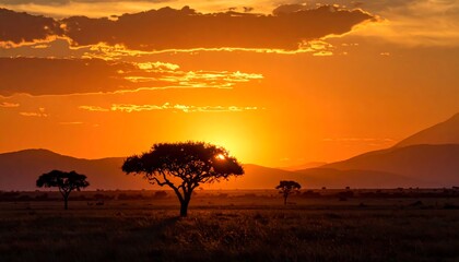 Golden Sunset Over the African Savanna with Acacia Tree Silhouette.