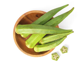 Fresh okra in wooden bowl isolated on white background