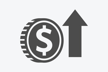 Gray Dollar Coin With Upward Arrow on White Background Shows Financial Growth