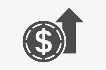Gray Dollar Coin Icon Next to Upward Arrow on White Background Isolated