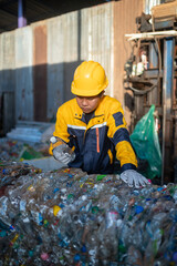 Recycling Worker: An industrial scene of a worker in protective gear, diligently sorting through a large pile of plastic bottles.