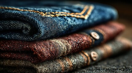 Stack of folded clothes including denim and flannel shirts on a surface.
