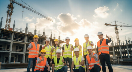A diverse group of construction workers in hard hats and safety vests pose for a photo on a sunny day at a building site with cranes in the background.
