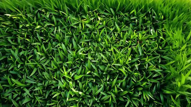 Top-down view of dense vibrant green grass blades illuminated by natural sunlight, creating organic texture and depth. Concept of nature detail and botanical beauty