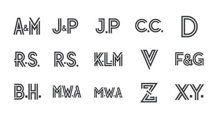A collection of various two-letter and three-letter monograms and single-letter designs, featuring a distinctive double-line outline style.