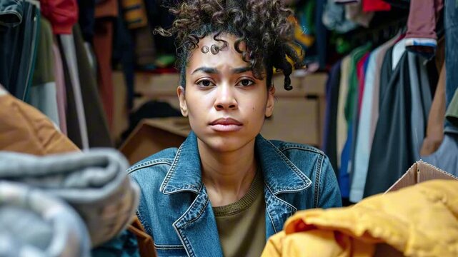 Young mixed-race woman in denim jacket looking seriously while sorting clothes in crowded closet space with colorful garments. Concept of organization and emotional reflection
