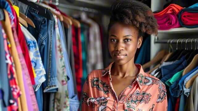 Confident afro american woman with natural hair wearing patterned shirt standing between colorful clothes in wardrobe. Concept of personal style and fashion identity