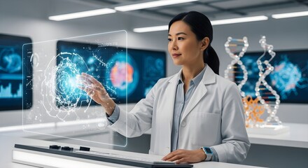 Female Scientist Interacting with Futuristic Holographic Interface in Laboratory
