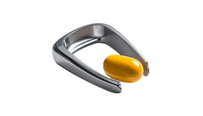A metallic clamp delicately holds a large, oblong, glossy yellow capsule