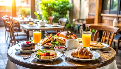 Outdoor cafe breakfast spread