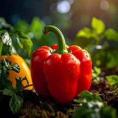 Vibrant red bell pepper amongst foliage