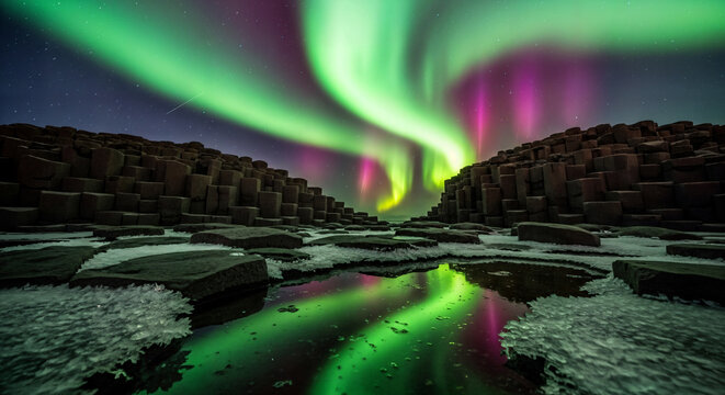 Vibrant green and purple aurora borealis dancing in the night sky above basalt columns and icy ground, reflected in water puddles - Powered by Adobe
