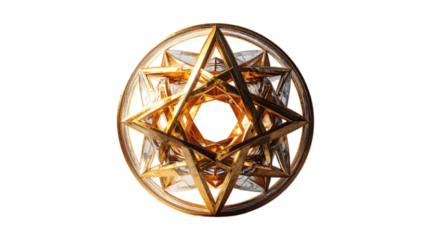 A gold, geometric, circular emblem featuring an intricate, multifaceted, star-shaped design with a central void.  The design appears three-dimensional and highly detailed - Powered by Adobe