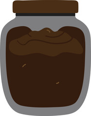 A glass jar filled with a dark brown substance, possibly jam or preserves.