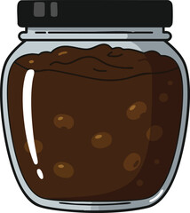 A glass jar filled with dark brown, chunky jam or preserves.