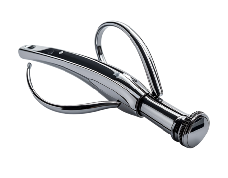 Sleek, chrome-plated device with curved arms and a cylindrical end, possibly a sophisticated key fob or tool