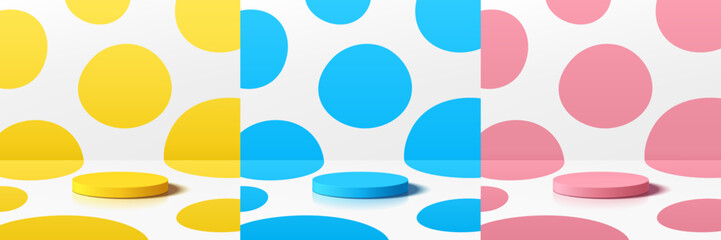 Set of yellow, blue, red and white 3D product podium with polka dots background. Abstract composition in minimalist design. Studio display showroom pedestal, Fashion stage showcase mockup wall scene.
