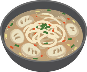 A close-up illustration of a bowl of delicious, savory, and flavorful noodle soup.
