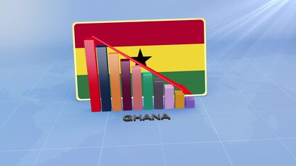 Ghana Flag on 3D Bar Graph with Downward Red Arrow Economic Crisis Concept - Powered by Adobe