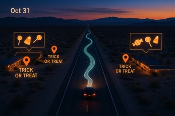 Car Driving on Desert Highway at Twilight on October 31 with Trick or Treat Stops Marked at Roadside Motels and Candy Icons in Augmented Reality Overlay