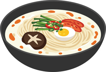 A delicious bowl of ramen noodles with various toppings including a boiled egg, mushrooms, and green onions.