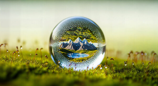 A perfect water droplet resting on moss, reflecting a breathtaking mountain landscape with a clear blue lake and a vibrant green forest, showcasing natures beauty in miniature