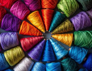 "Flat lay of cone yarns in rainbow colors (red, orange, yellow, green, blue, violet) arranged in a circular pattern, photographed under bright studio lighting, sharp texture details, HD quality."