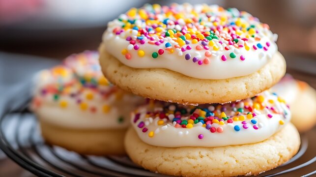 Delicious fluffy sugar cookies with frosting rainbow sprinkles