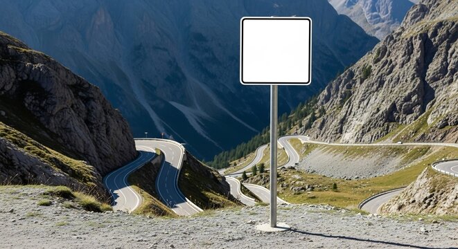 Blank Sign on Winding Alpine Road with Dramatic Mountain Switchbacks